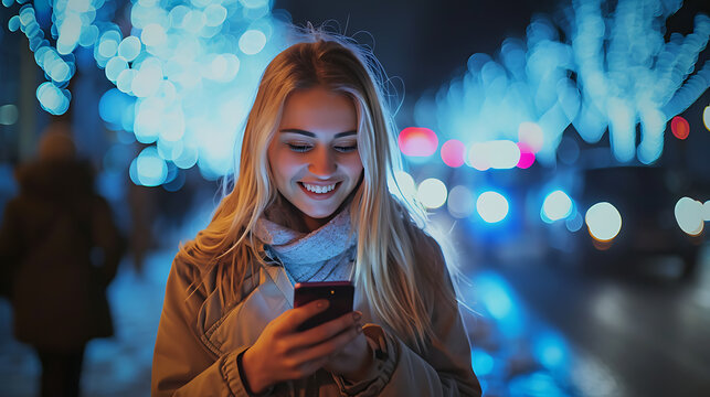 A Young Woman Looking On The Phone Screen And Smiling On The Street 