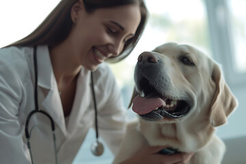 a veterinarian checking a Labrador dog smiling   