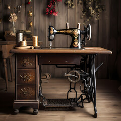 Fototapeta na wymiar Antique sewing machine on a wooden table.