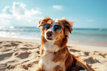 dog with sunglasses lying on the beach with blue sky