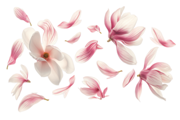 magnolia petals flew isolated on white background