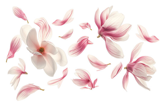magnolia petals flew isolated on white background