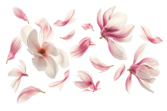 magnolia petals flew isolated on white background