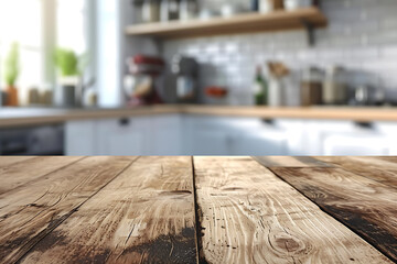 wood table with a kitchen background