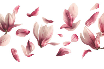 magnolia petals flew isolated on white background - obrazy, fototapety, plakaty