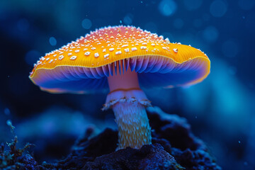 An image of a mushroom with a cap transitioning from fluorescent yellow to deep blue, - obrazy, fototapety, plakaty