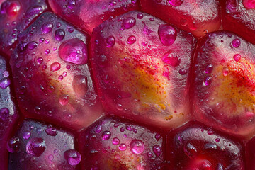 A close-up of a pomegranate with seeds showing a dazzling pattern of bright purple and bright yellow,