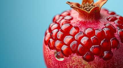 An image of a pomegranate with seeds in a unique pattern of sky blue and bright red,