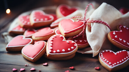 red heart shaped cookies on a plate - obrazy, fototapety, plakaty
