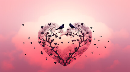 couple of love bird on branches with heart in the pink  sky