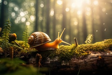 A mesmerizing close-up of a snail, showcasing intricate details and natural beauty. Explore the world of tiny wonders through this captivating stock photo. - obrazy, fototapety, plakaty