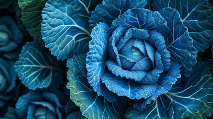 Obraz premium A close-up of blue cabbage with half of its leaves glossy black and the other half bright white,