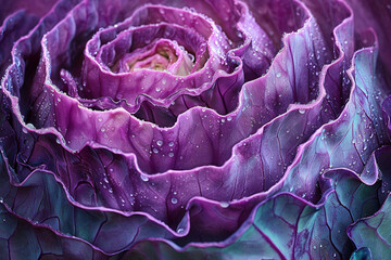 Obraz premium A macro shot of a red cabbage cross-section revealing intricate patterns in shades of deep purple and emerald green,