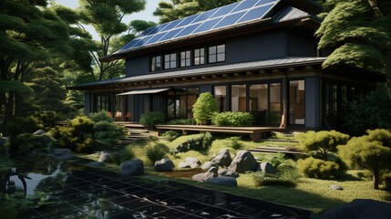 Fototapeta na wymiar Sustainable living in a solar-powered home integrated with a serene Japanese garden, offering harmony with nature.