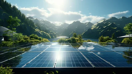 Zelfklevend Fotobehang Solar panels harnessing sustainable energy in a serene mountainous landscape, reflecting the sun's power. © Rattanathip
