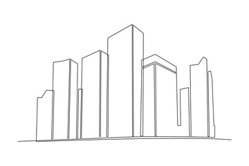 Continuous one line drawing of tall skyscraper buildings in big city. Business office building district hand drawn minimalist concept. Modern single line draw design vector graphic illustration