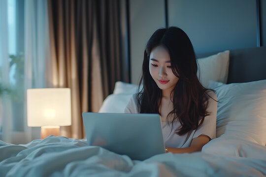 woman using laptop at home on a bed at night time