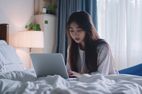 woman using laptop on a bed in a bedroom