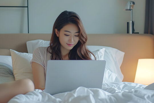 a woman using a laptop and working on a bed in a bedroom