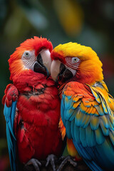 Obraz premium An image of two colorful parrots forming a heart with their beaks and tails,