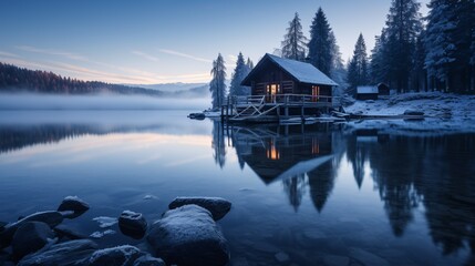 Breathtaking blue hour photo of a boathouse on a pristine winter day at a lake in Canada. - obrazy, fototapety, plakaty