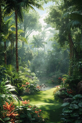 An illustration of a golf course in a dense, misty jungle, with exotic wildlife roaming the fairways,