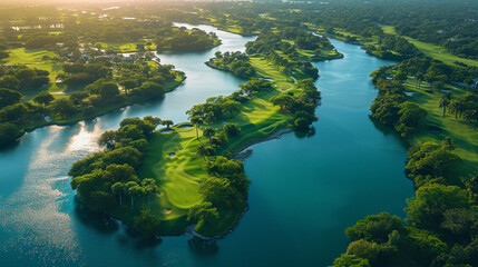 A depiction of a golf course on a series of small, tropical islands, connected by bridges,