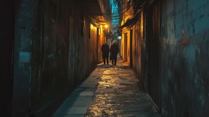 Fototapeta na wymiar a dark alleyway with couple of people walking at night