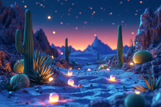 An illustration of a golf game in the desert at night, with luminous balls and glowing cacti as markers,
