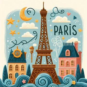 Paris Tower cartoon vector design,colorful illustration background,drawing art child painting,AI generated