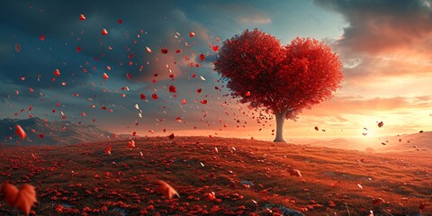 Romantic sunset scene with a scarlet heart tree and autumn foliage. - obrazy, fototapety, plakaty