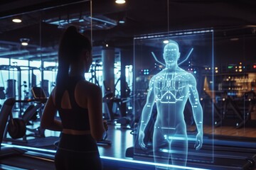 Future and Innovation in sport and training. Ai hologram virtual trainer trains a real person in a...