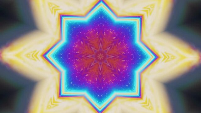 Lotus mandala. Ink kaleidoscope. Meditation energy. Defocused neon yellow pink blue color glowing paint water floral ornament motion abstract art background.