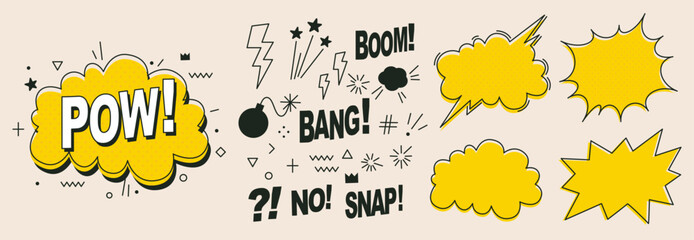 A set of speech bubbles. Comic text sound effects. Banner, poster, sticker concept. Expression funny style text Boom, Pow. Explosion. Vector bright cartoon messages. Abstract background pop art style
