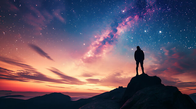 silhouette of a person on the mountains with night staring sky
