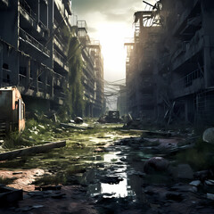 Dystopian wasteland with abandoned buildings - obrazy, fototapety, plakaty