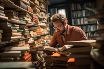 Portrait of a young man reading a book in a library.