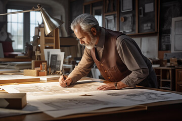 Architect working with drafts in his workshop. Confident mature man working with drafts in his workshop.