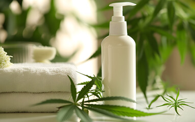 Obraz na płótnie Canvas Natürliche Haarpflege: Hanf-Shampoo in weißer Flasche mit Hanfblättern, Cannabis Kosmetik Mockup