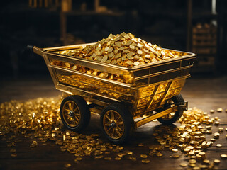 Pixelated mine cart filled with gold. 3d rendering