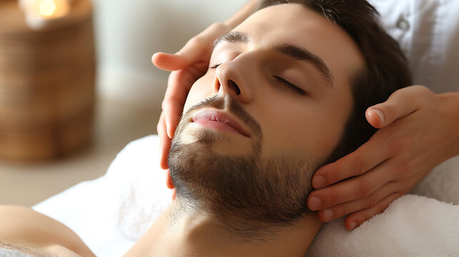 portrait of a man receiving a facial massage for relaxation