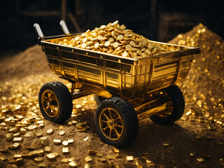 Pixelated mine cart filled with gold. 3d rendering