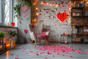 Valentine's Day theme room with petals scattered around and heart-shaped lights hanging on the wall.