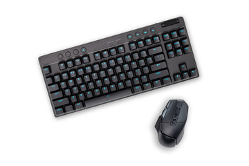 Black illuminated wireless gaming computer keyboard and mouse.