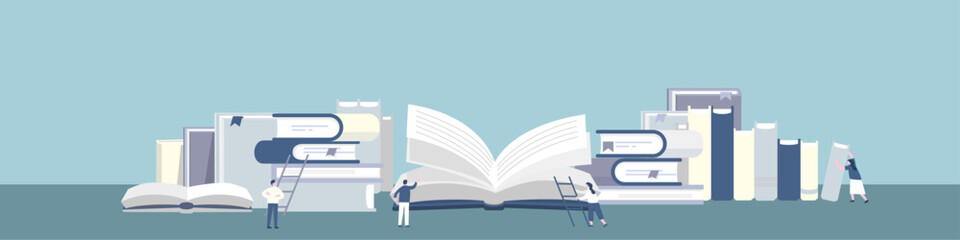 flat design banner background illustration of books and people	