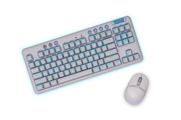 White illuminated wireless gaming computer keyboard and mouse.