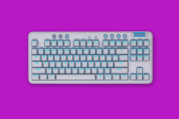 White illuminated wireless keyboard, isolated on a magenta background.