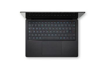 Top-down view of a modern black pc laptop, isolated on white.