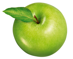 maçã verde com folha de macieira isolado em fundo transparente