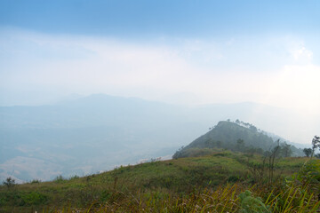 Landscape view to mountain peak. Route heads to the mountaintop view point of Phu Nom. At Phu Langka Phayao Province of Thailand. 